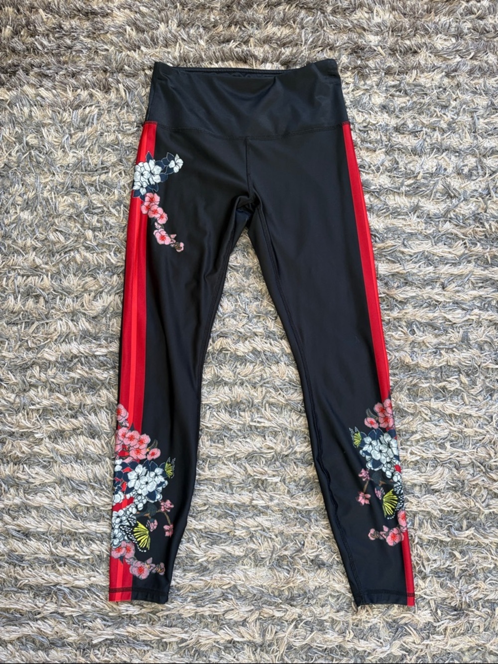 RBX Black Leggings with Red Side Panels and Floral Butterflies Accents S